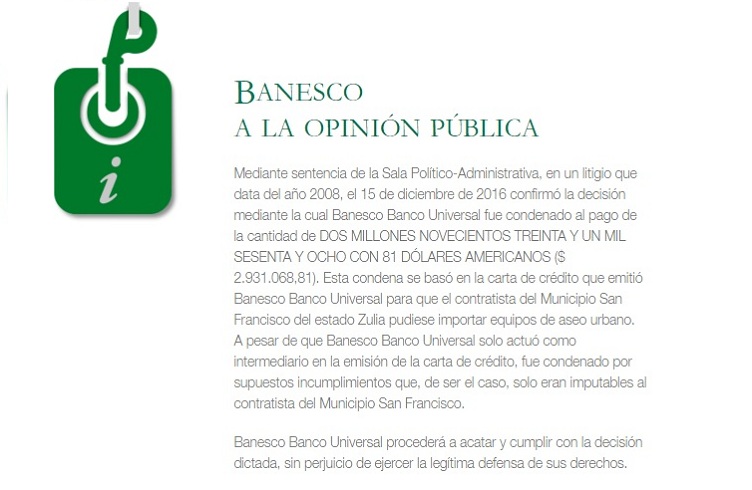 BANESCO INFORMA A LA OPINIÓN PÚBLICA